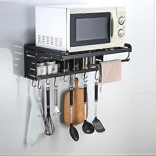 Wallmounted microwave shelf with 6 hooks for kitchen storage, Black