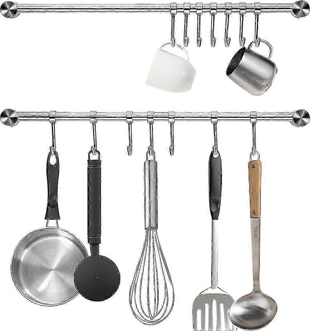 Kitchen Utensil Rack 2-Pack, 15.6 Inch Wall-Mounted Pots and Pans Rack, 304 Stainless Steel Pot Lid Cookware Rack, 7 Sliding Hooks for Special Use