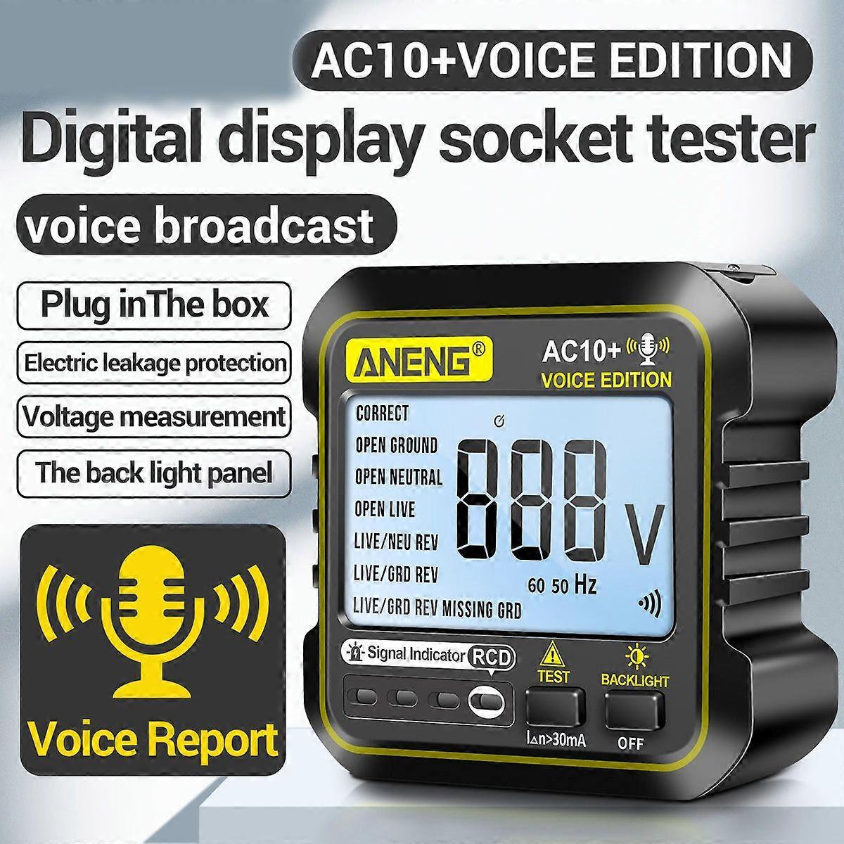 ANENG Multi-function Voice Broadcast Socket Tester Leakage Protection Socket Polarity Detection Socket Phase Meter RCD 220V For US/EU Plug Multimeter 