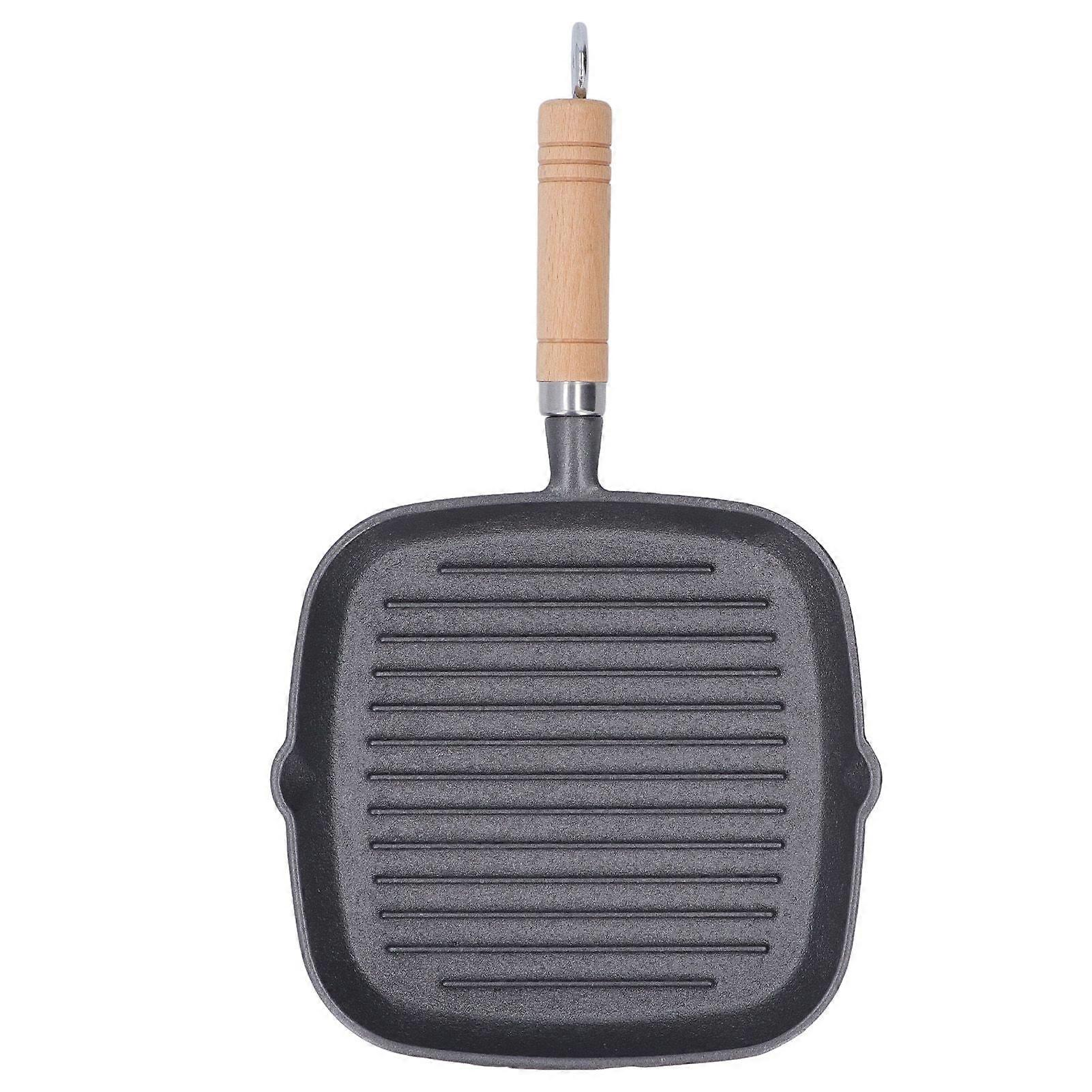 Grill Pan Multipurpose Prevents Stick Quadrate Cast Iron Steak Pan with Wooden Handle for Bacon Steak Onion