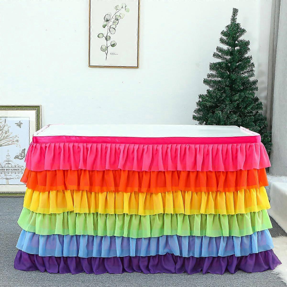 Rainbow Mesh Fluffy Tutu Tulle Table Skirt Adjustable 614FT 77CM Wide 5Layer Chiffon Ruffle for Baby Shower