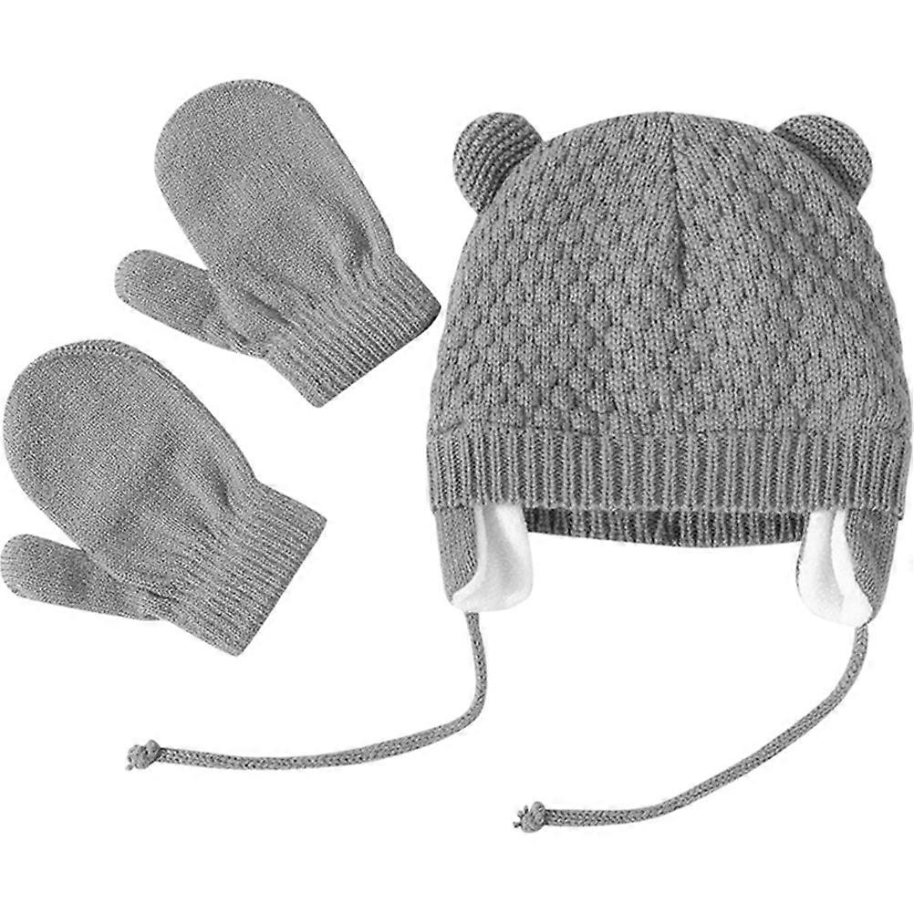 2Sets Kids Winter Hat with Gloves Grey Windproof Knitted Hat for Cold Weather