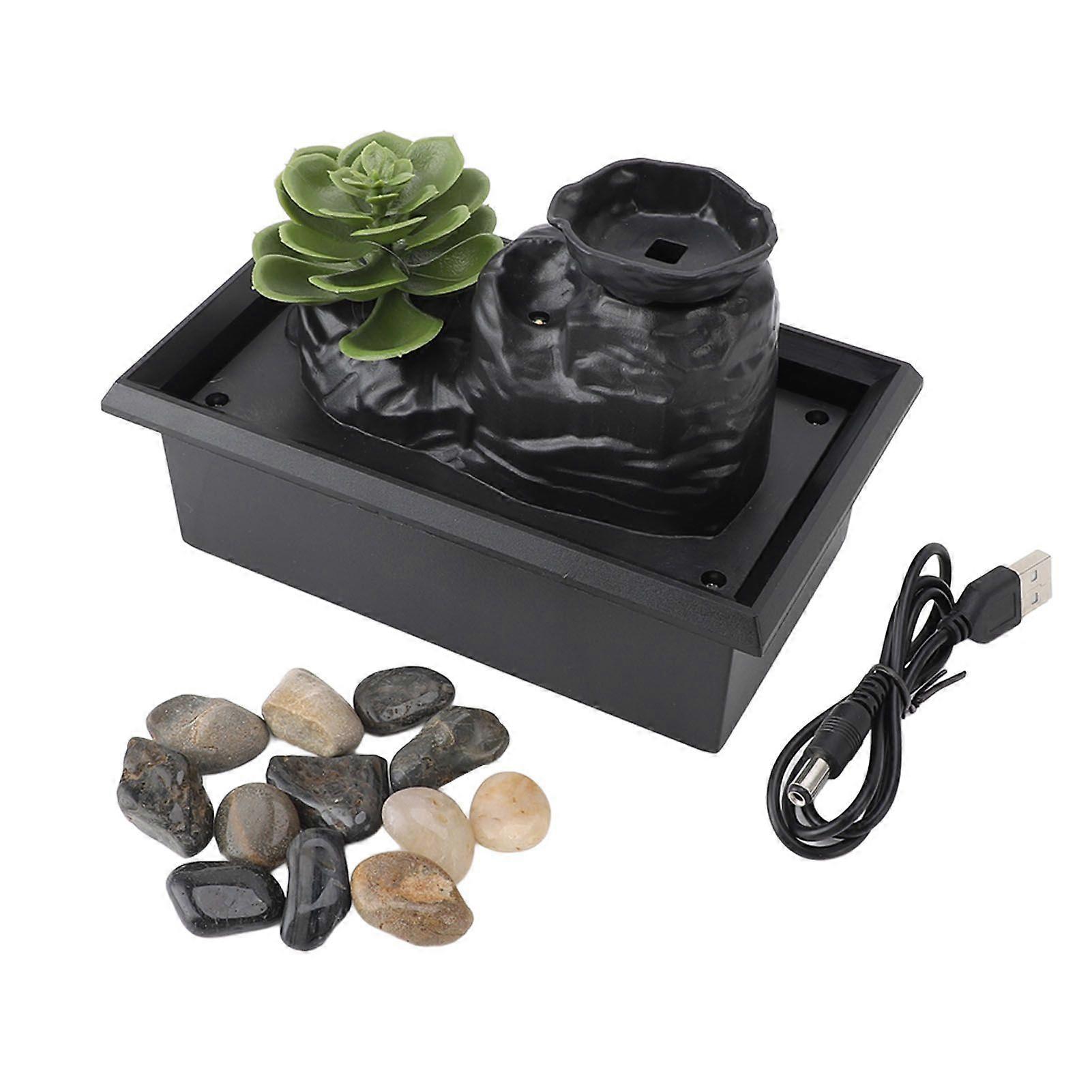 Tabletop Waterfall Fountain with LED Yellow Lights Simulated Succulent Circulating Flowing Water USB Powered Indoor Water Fountain with Rocks