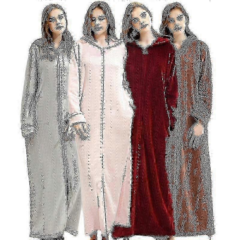 Ladies Hooded Dressing Gown Bath Robe Warm Soft Womens Fleece Zip Up Long Robes O