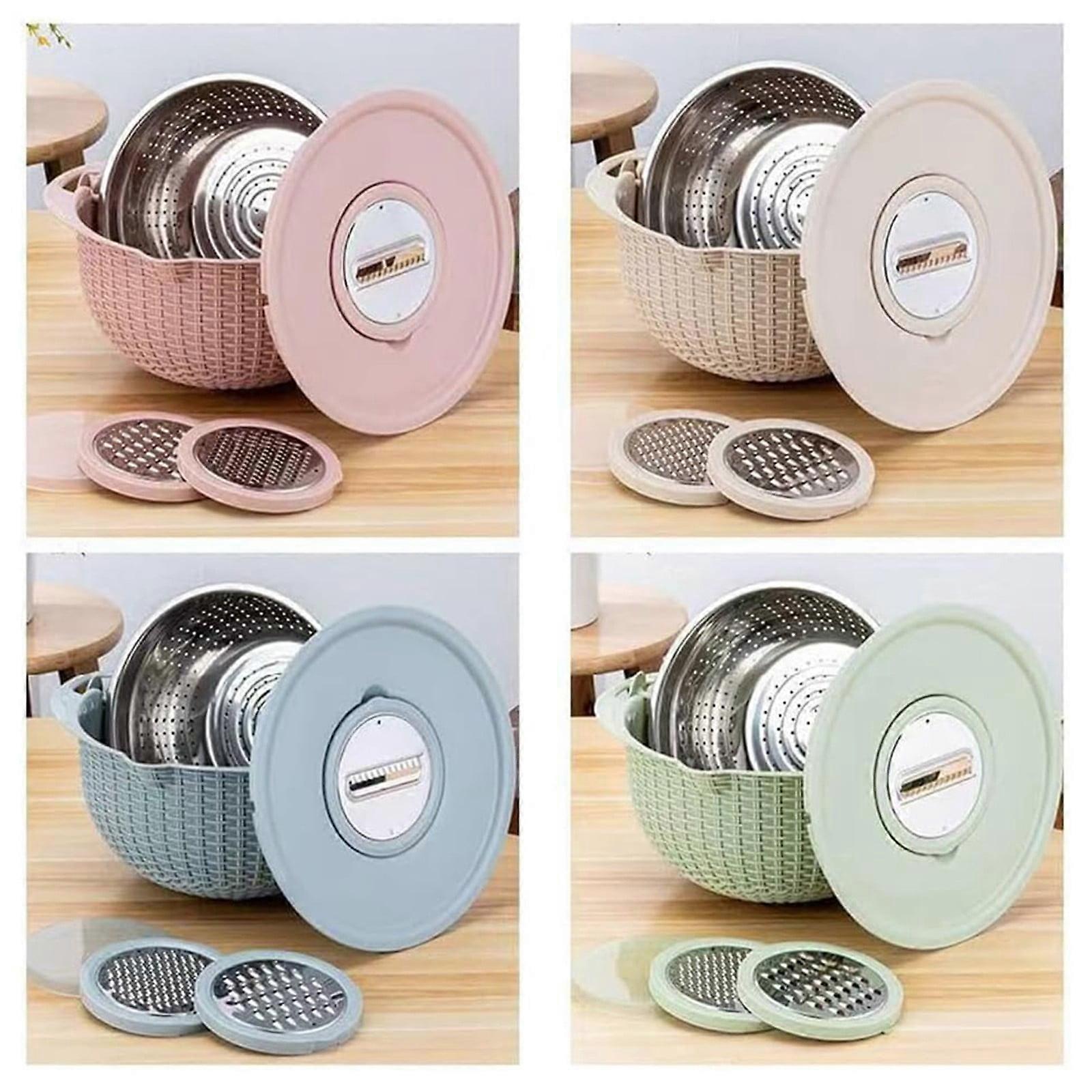Giyblacko 4-in-1 Double Layer Rotatable Colander Bowl Set with Slicer, Stainless Steel & Plastic Washing Basket, Mixing Bowl, Vegetable Slicer