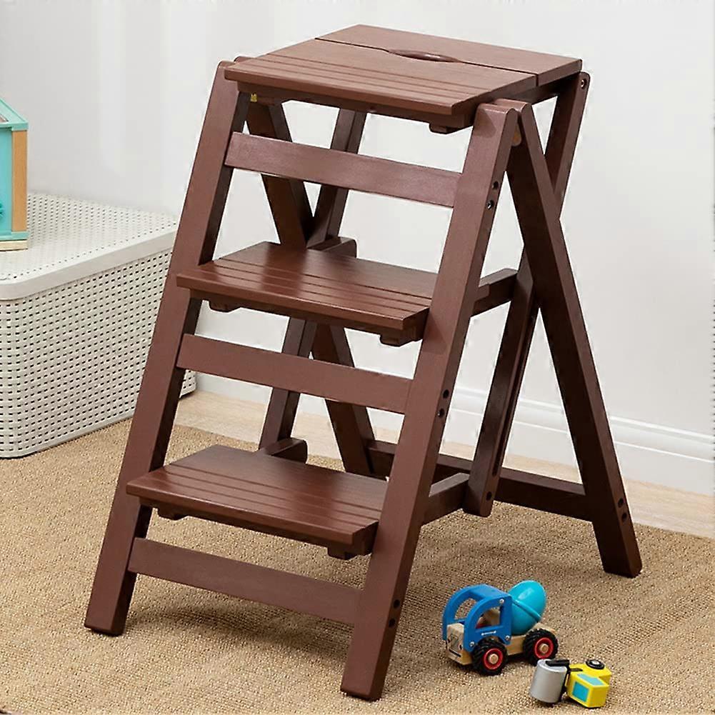 Solid Wood Folding Step Ladder Stool with 3 Steps for Adults Indoor Kitchen or Counter Use Brown