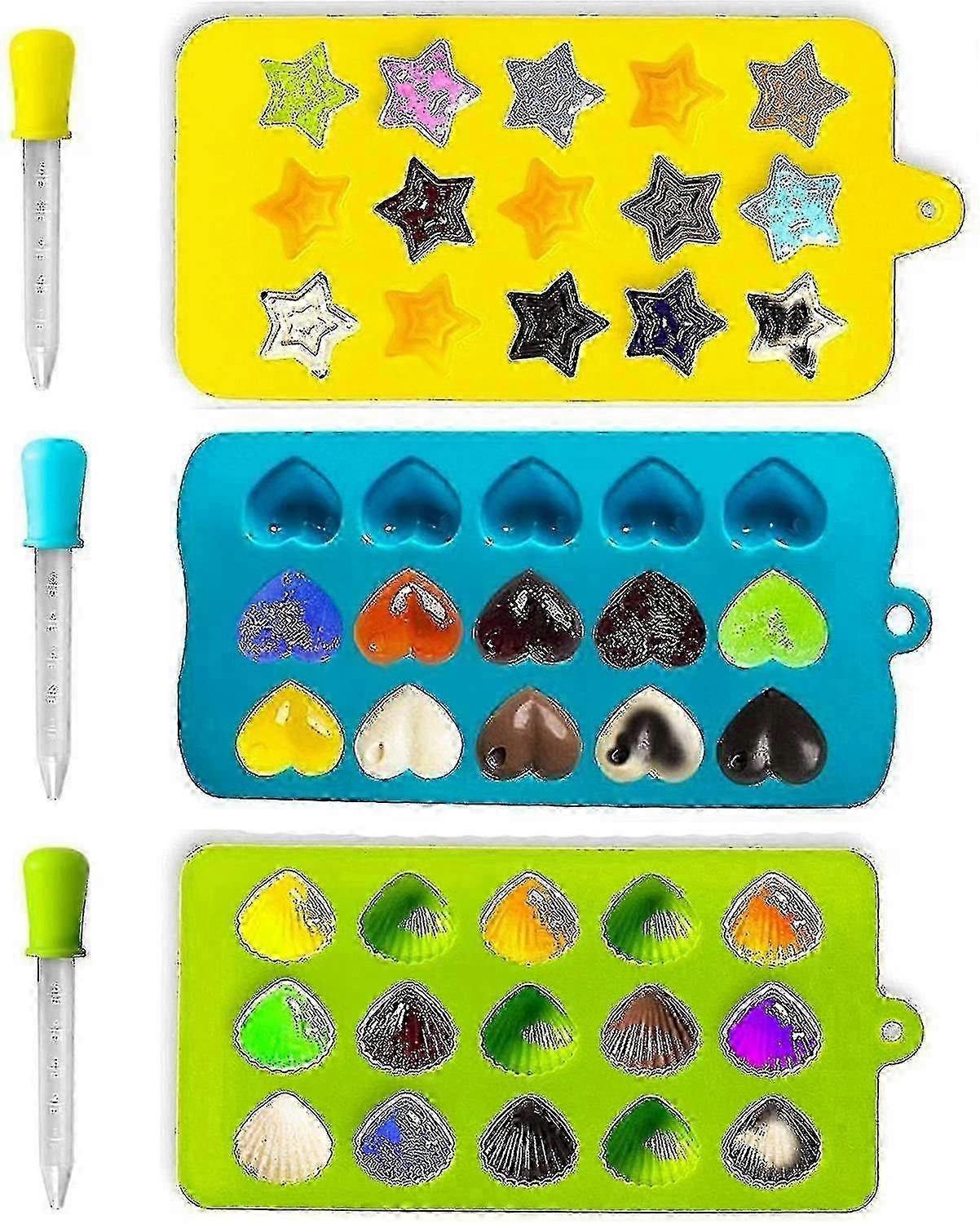 Set Of 3 Silicone Ice Cube Molds, Shaped Hearts, Stars, Shells, Ice Trays For