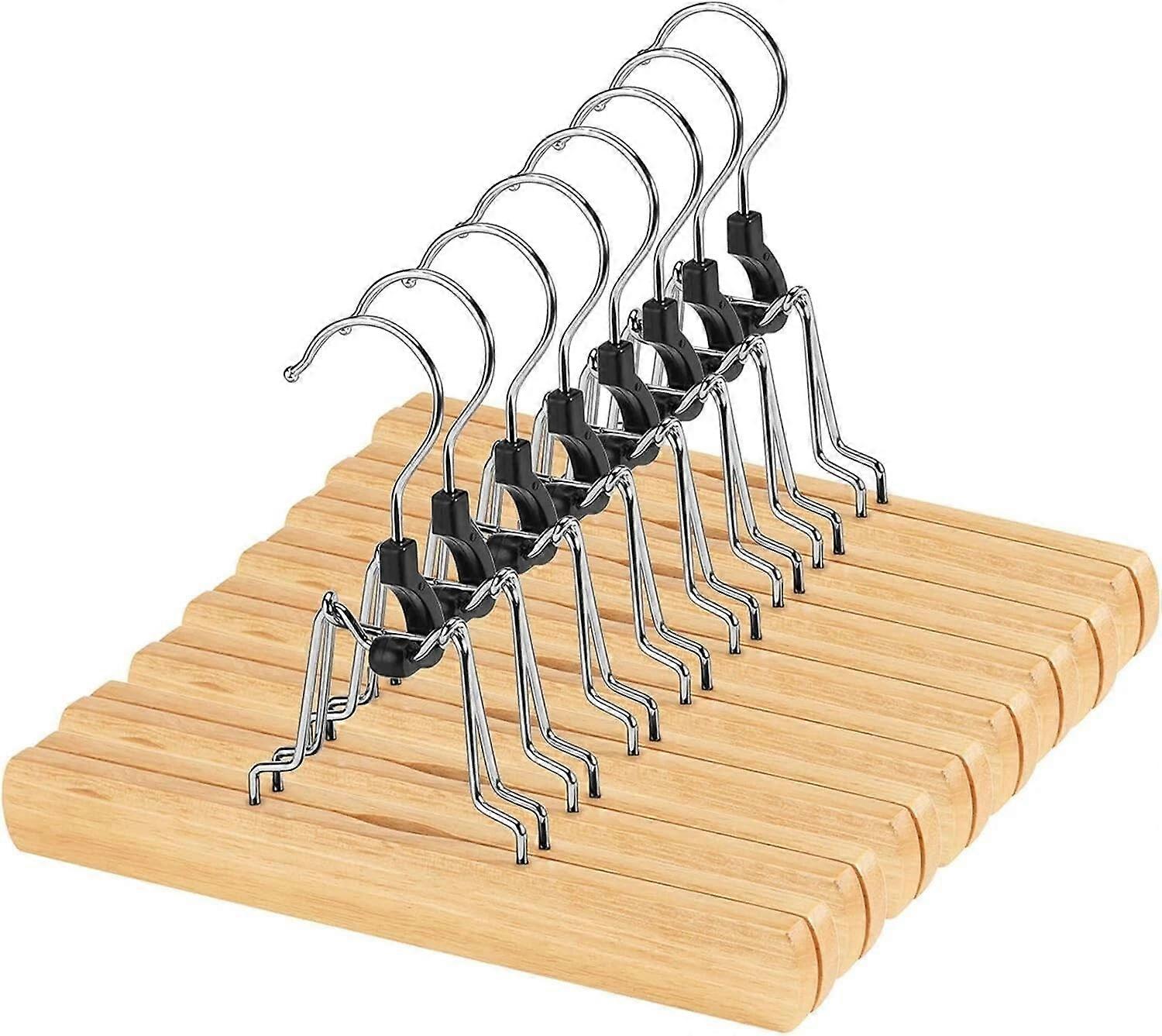 12 Pack Natural Wooden Pants Hangers with Non Slip Clips and 360° Rotating Hook for Skirts