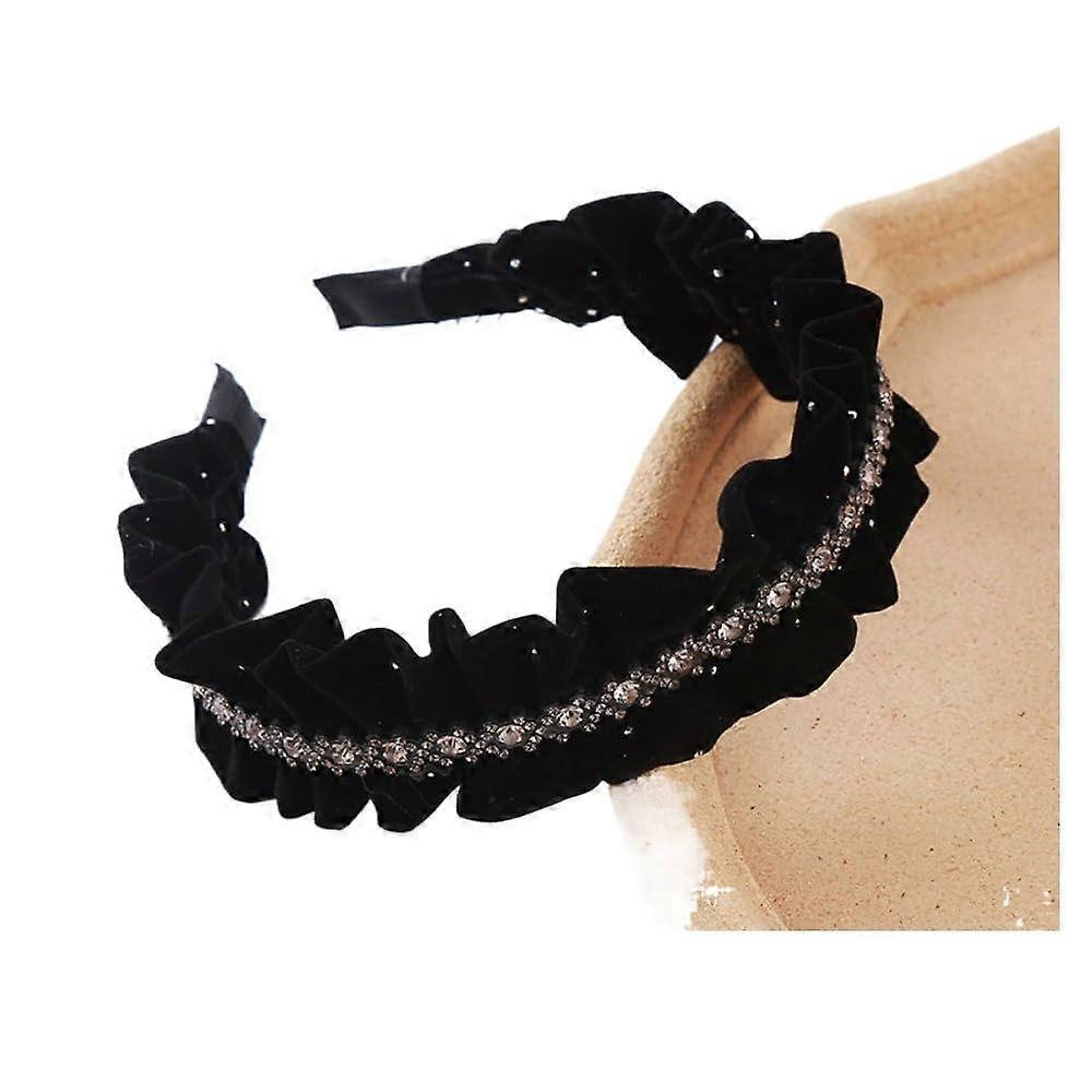 Rhinestone Headband with Pleated Texture and Non Slip Lining, Black Diamond Gypsy Style