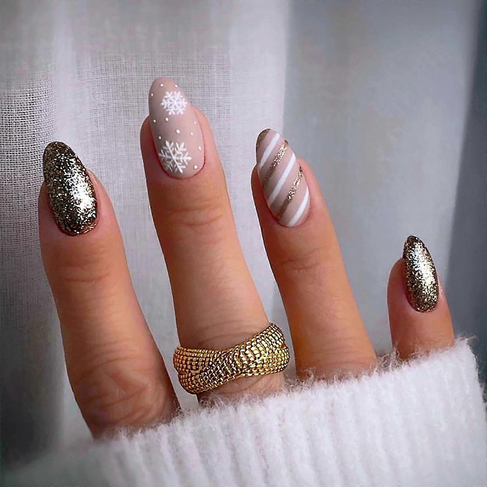 Christmas Almond Press On Nails Kit with Golden Glitter Snowflake Stripe Design, 24pcs Medium