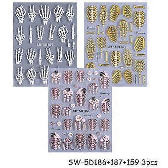 2/3pcs Halloween Nail Stickers Gold Rose Gold Skeleton Hand Ribs Rose Flower 5D Embossed Nail Decals DIY Slider Manicure Decor