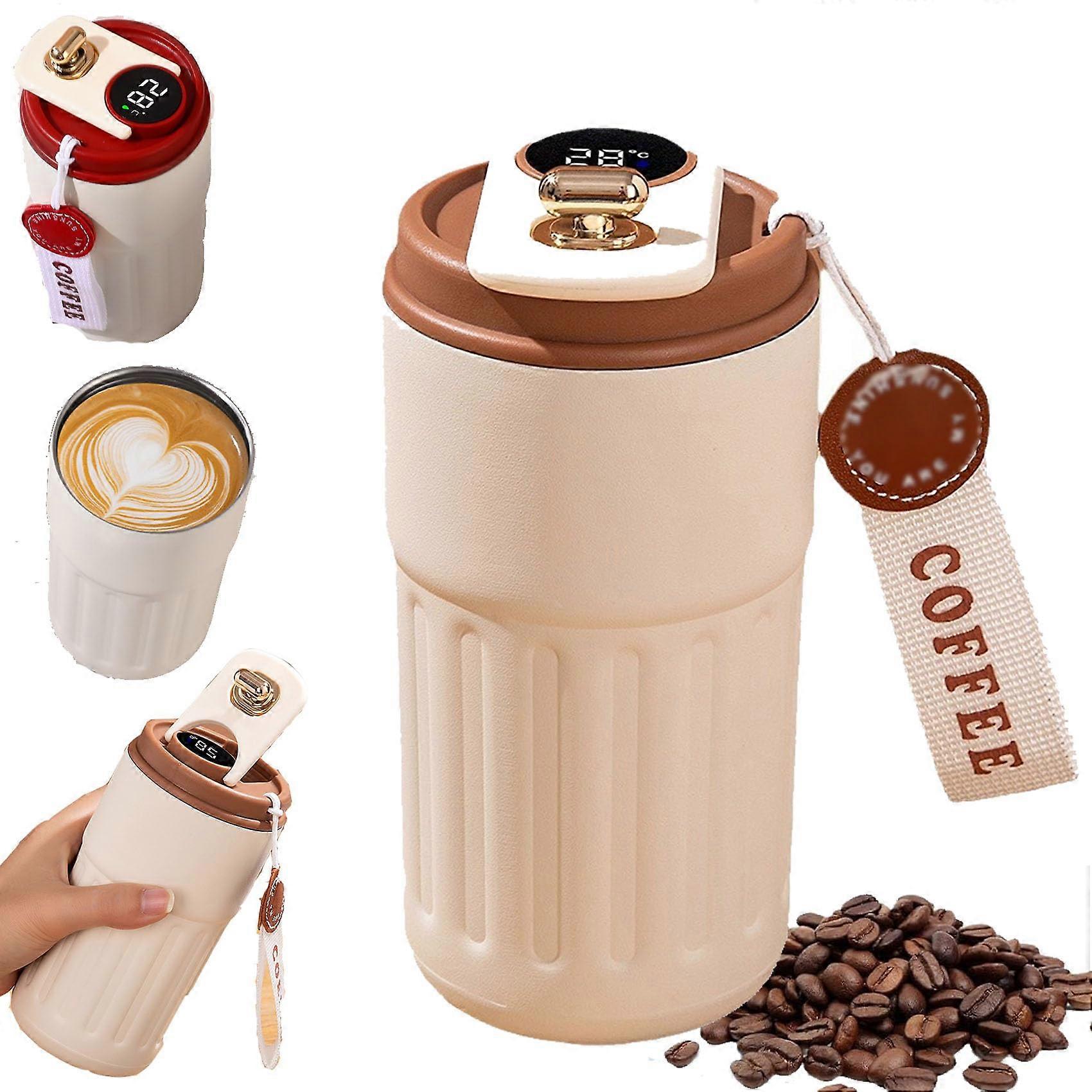 Travel Coffee Mug with LED Temperature Display, 15oz Leakproof Insulated Bottle Keeps Drinks Hot or Cold