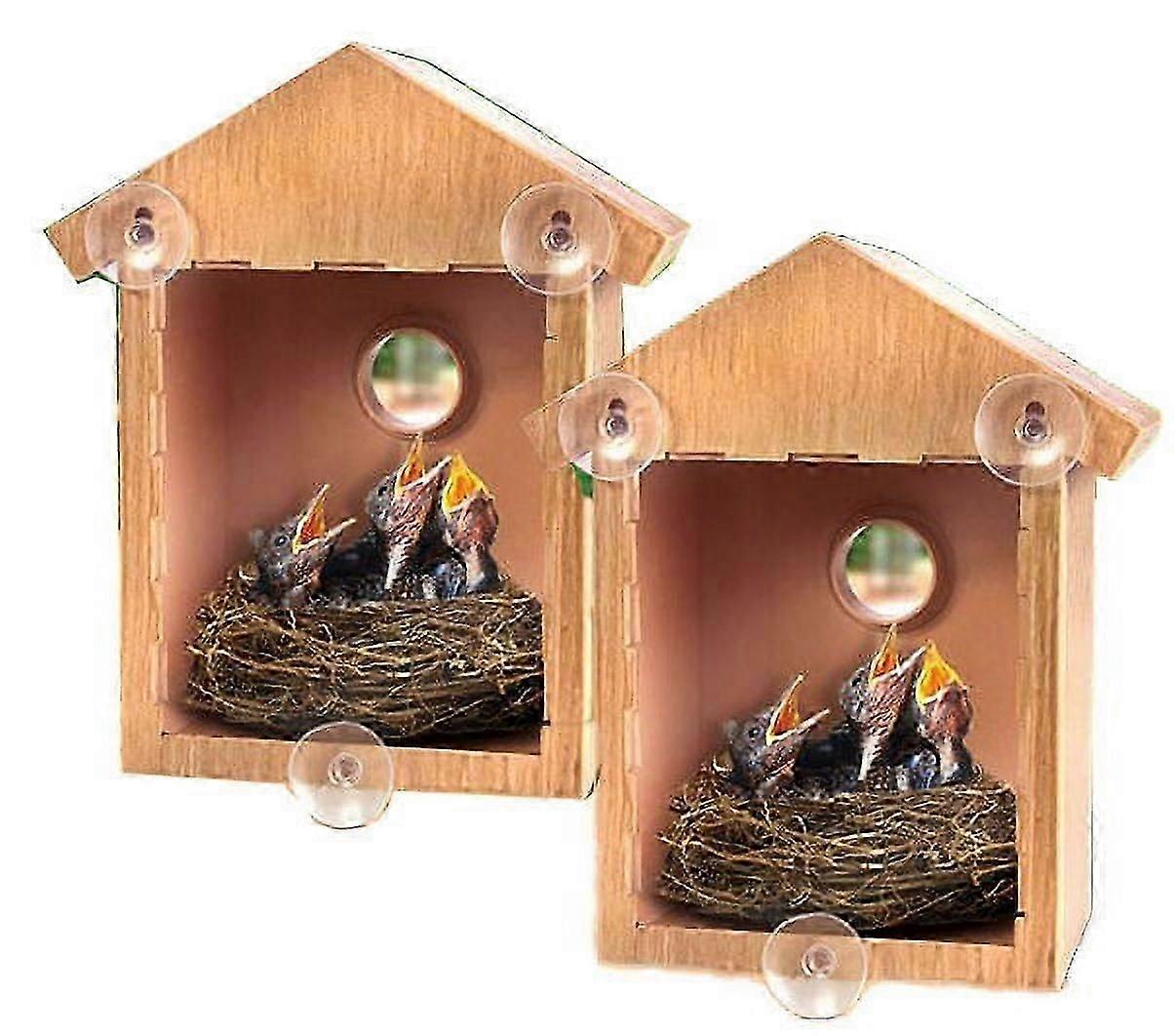2 See Through One Way Mirrored Bird House - Suction Cup Window Mounted Bird Nesting Box