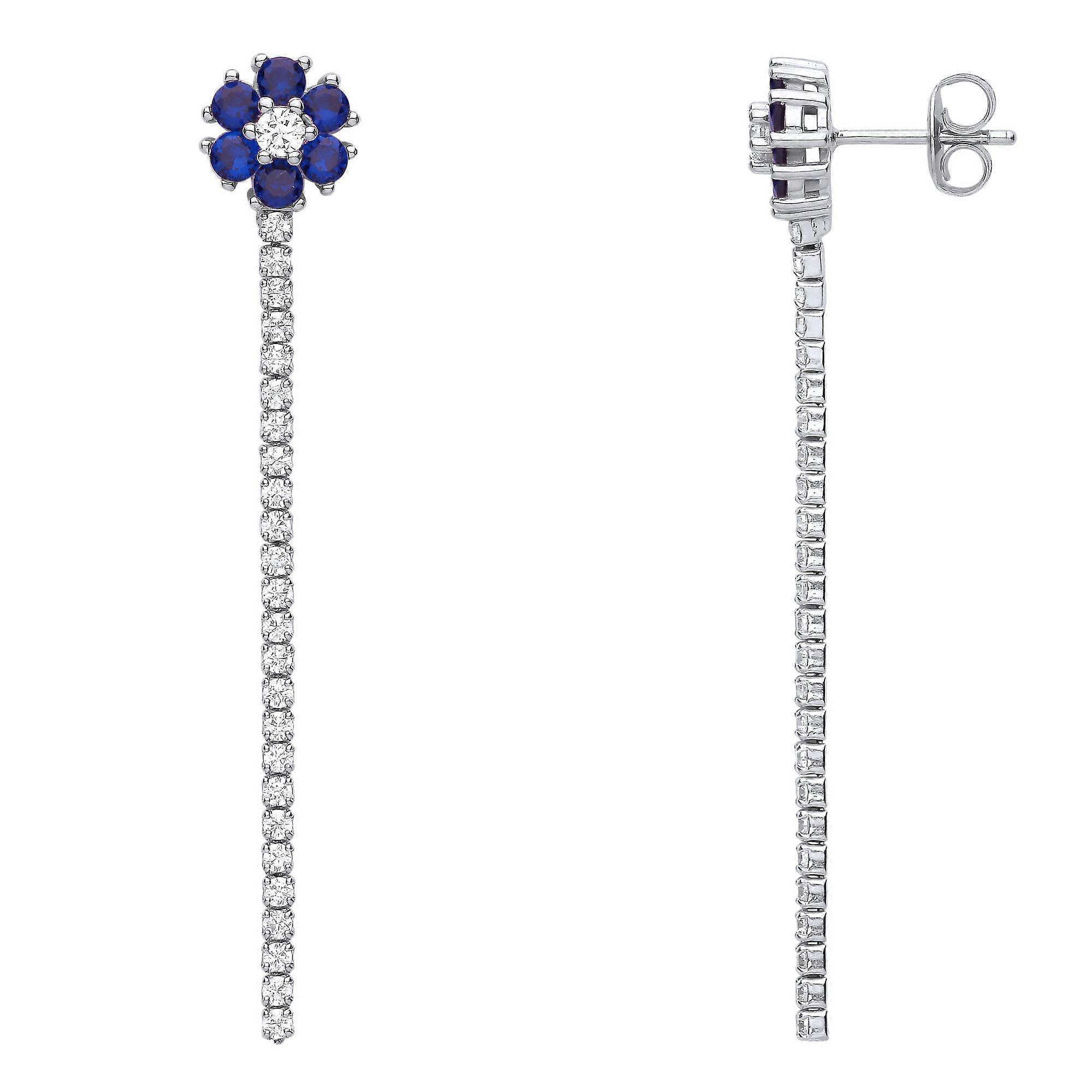 Jewelco London Ladies Rhodium Plated Sterling Silver Blue CZ Flower Petal Cluster Shoulder Duster Drop Earrings