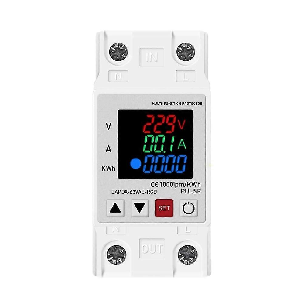 Voltage Protection Device with Dual Digital Display, Adjustable Din Rail Mounted Over and Under Voltage Current Protector
