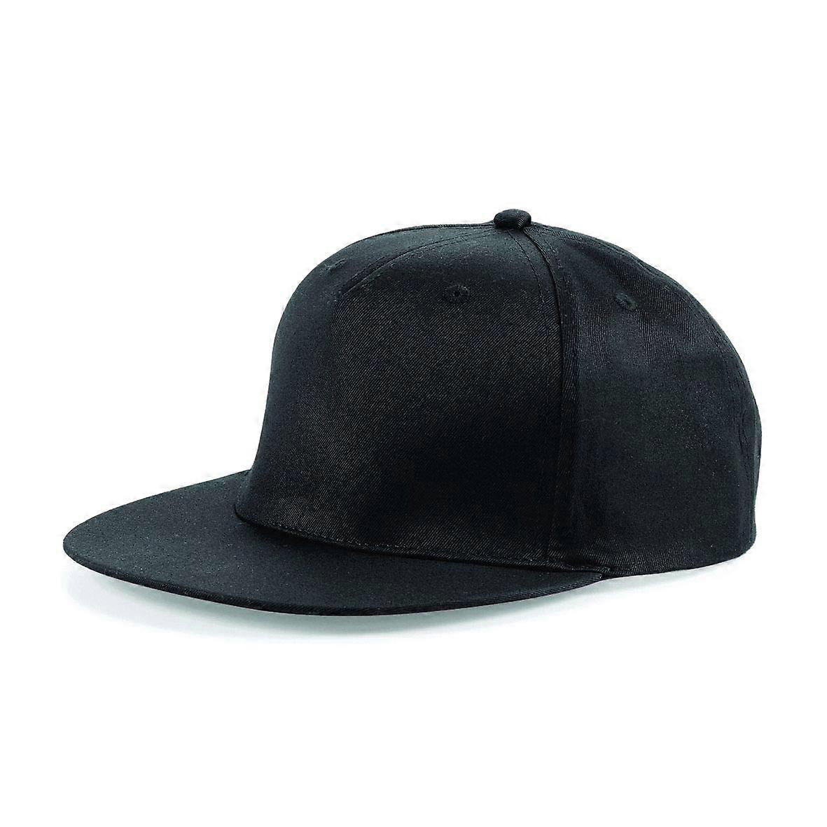Black Cotton Snapback Hat 5 Panel Flat Brim Cap with Adjustable Fit and Breathable Ventilation