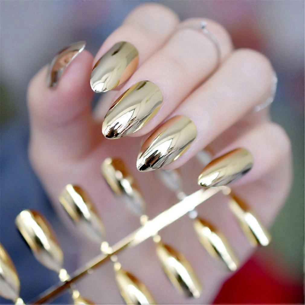 Fake Nails Acrylic Nail Tips Mirror Finish Medium Length Full Coverage 24pcs Metallic Set