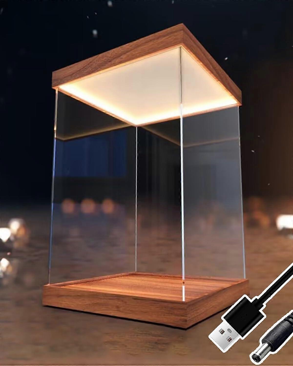 Acrylic Display Case with LED Light and Walnut Base, USB Powered Clear Stackable Box for Figures 15x15x25cm