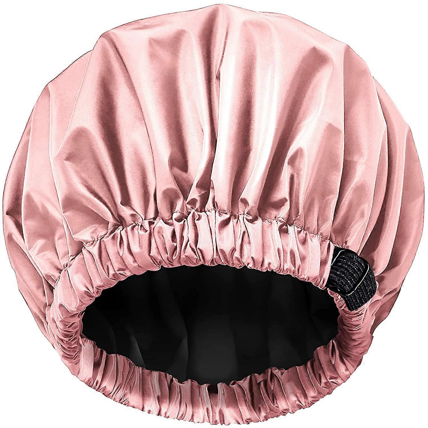Extra Large Satin Lined Waterproof Shower Cap for Women, Adjustable Double Layer Pink Design