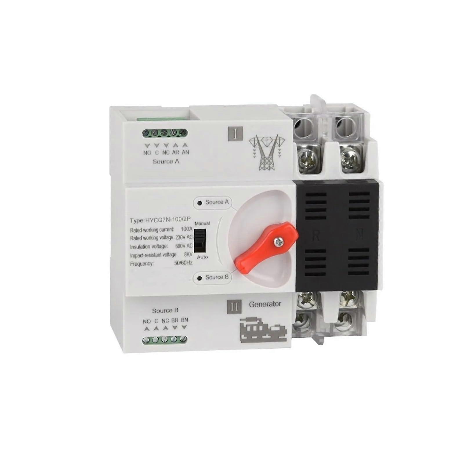100A 2 Pole Automatic Transfer Switch 230V, Dual Power Generator Transfer Switch for Solar Use