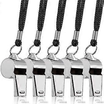 5 Packs Stainless Steel Whistle, Metal Warning Whistle with Lanyard for Referee Coaches Football Basketball