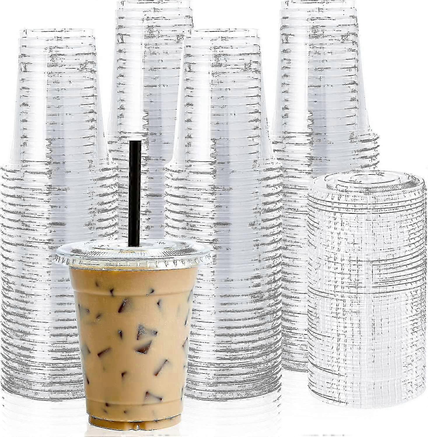 [100 Sets] 12oz Clear Plastic Cups with Flat Lids Disposable for Cold Drinks