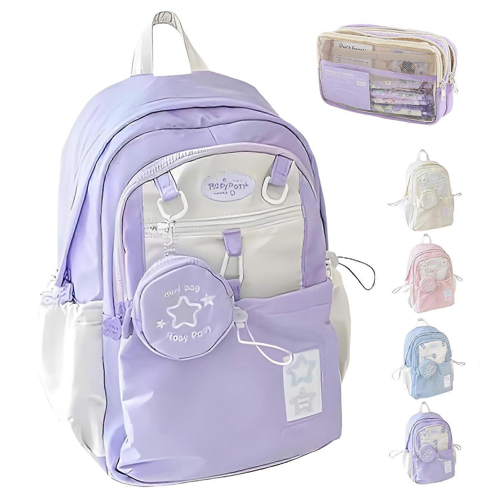 Waterproof Durable School Backpack with 21L Large Capacity, Adjustable Straps, Purple Drawstring Design