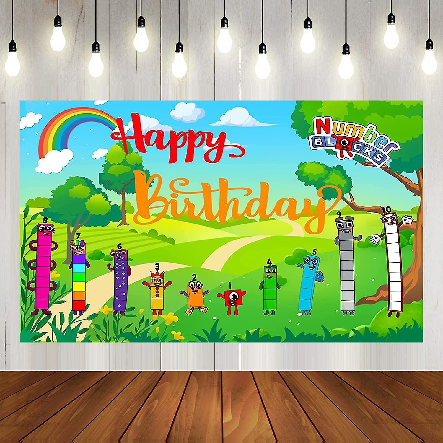Heytea Number-blocks Birthday Party Supplies,5x3ft Number-blocks Cartoon Happy Birthday Baby Shower Banner