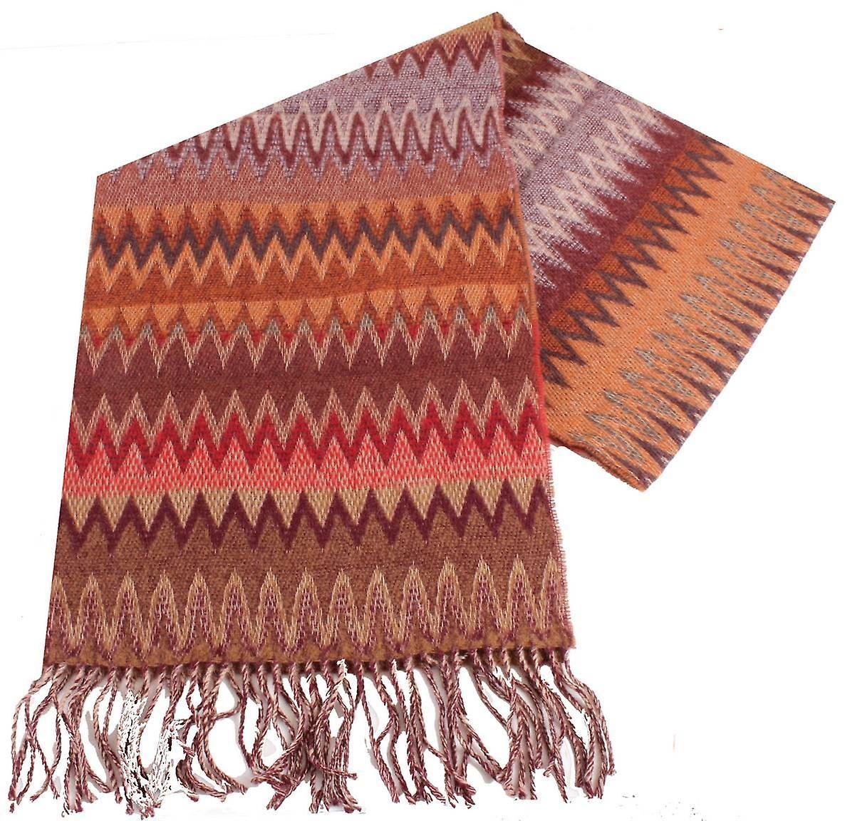 バサンと茶色のバッジョ シェブロン ウール スカーフ - ワイン/ブラウン/グレー