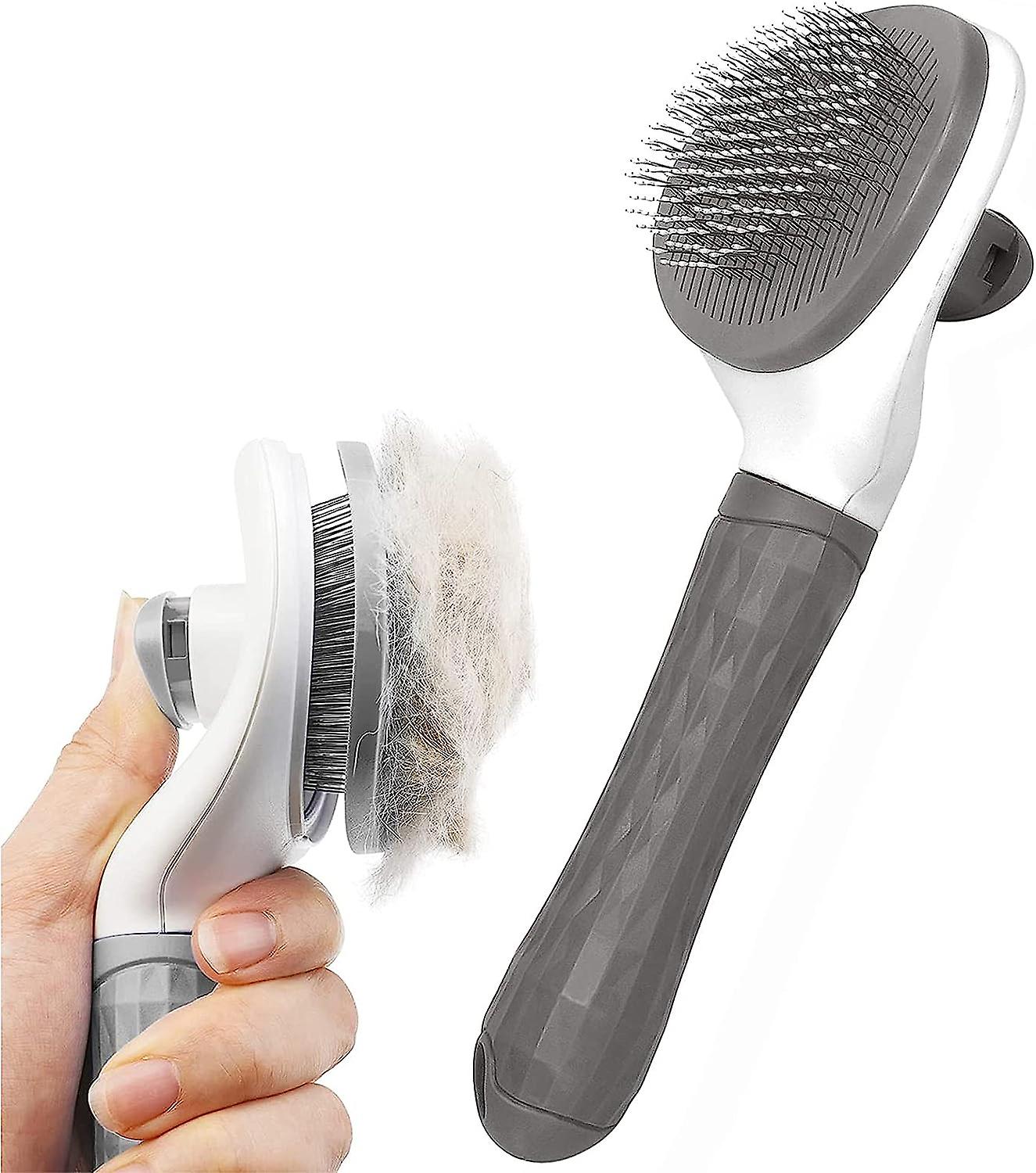 Dog/Cat Brush Grooming Comb, Self-cleaning Brush with Smooth Handle, Pet Grooming Tool (Gray)(AAA)