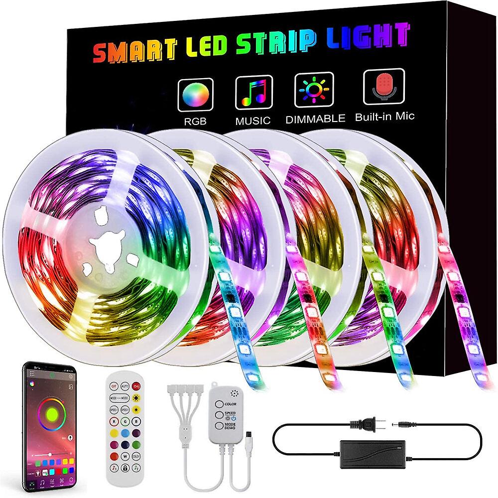 65.6Ft 5050 Rgb Smart Led Strip Light - Bluetooth Music Control, Remote, Non-waterproof