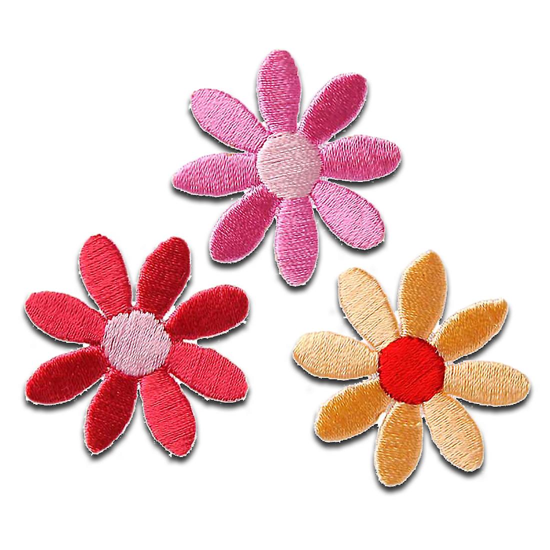 3 colourful flowers summer colours - patch, iron-on patch, size: 3.5 x 3.5 cm