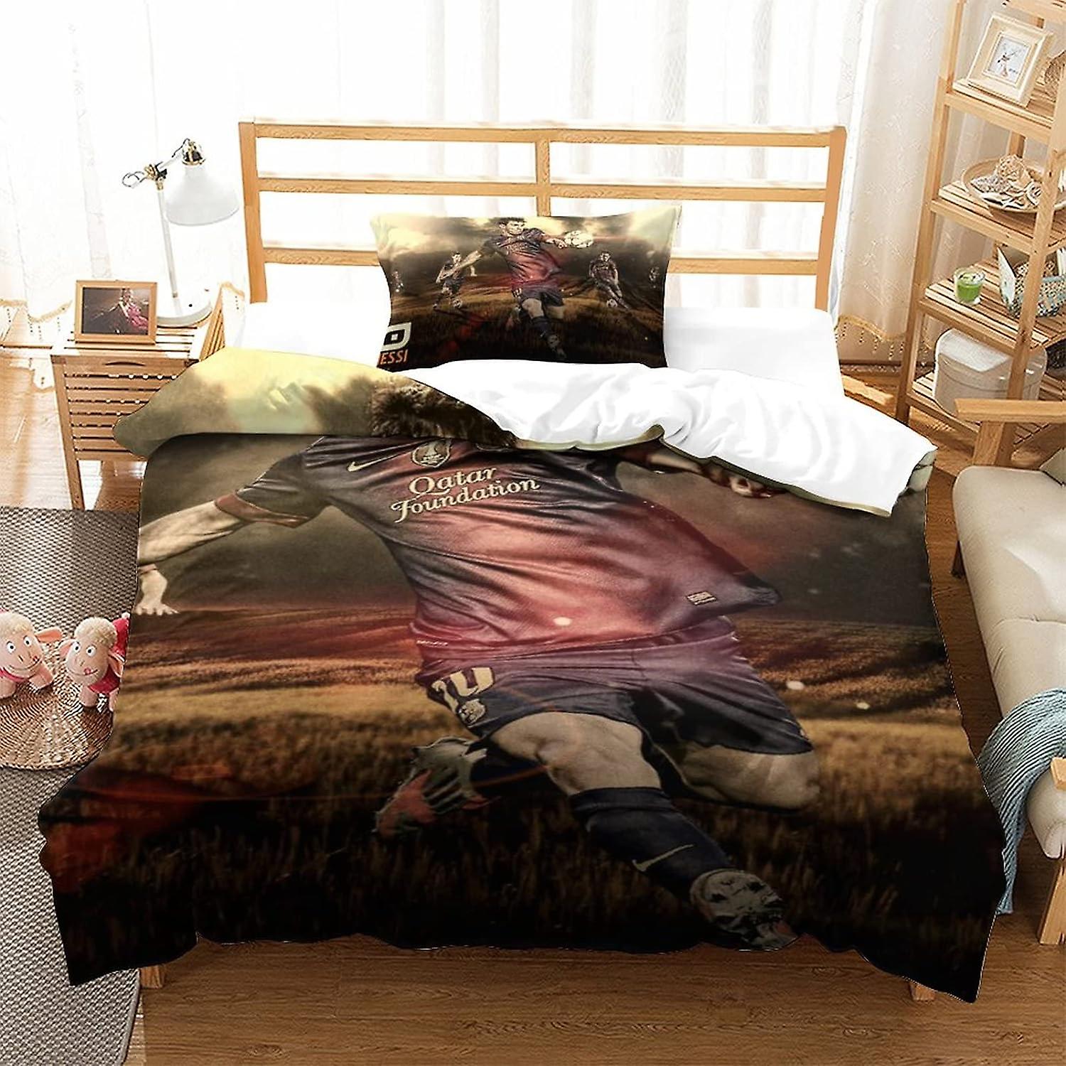 Messi påslakan mjuk mikrofiber sängkläder, 3D-tryck fotboll superstars påslakan och örngott, med dragkedja, för män kvinna barn 2-pi