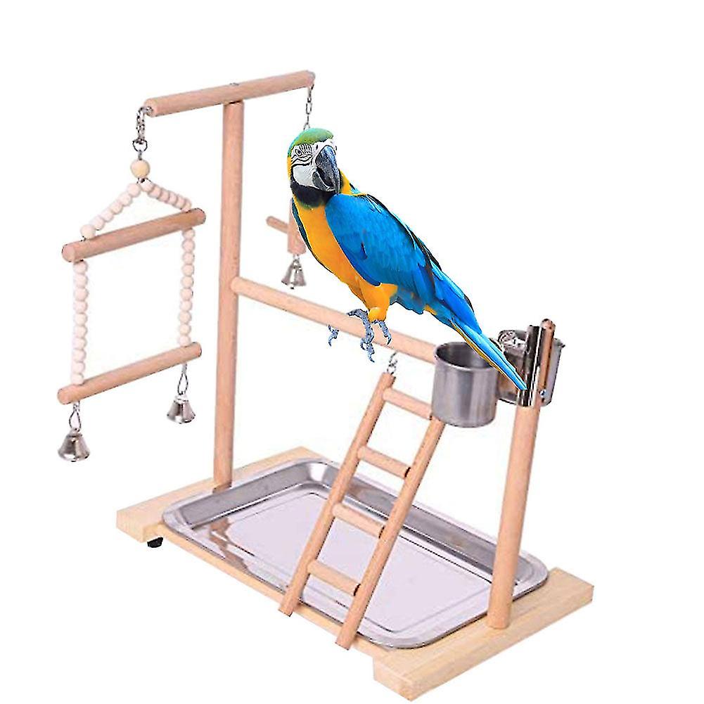 Wooden Bird Perch Stand Parrot Platform Playground Bird Playground Stand Gym Playstand Ladder Interactive Toys With Feeder Cups