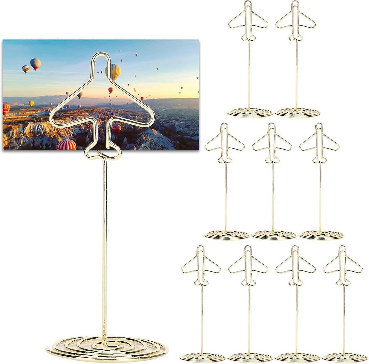 10pcs Table Number Holders, Table Number Holders, Mini Place Card Holders, Table Place Card Holder Stands, Gold Airplane Holder with Base for Party