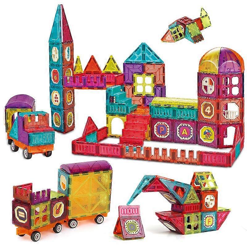 104-Piece Magnetic Tiles Building Blocks Set With 2 Cars - STEM Educational Toys For Kids Ages 3-9+