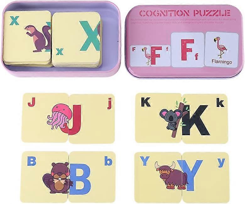 Cards Puzzle Set Learning Cognition Puzzle Shape Early Learning Toy with Iron Boxpink