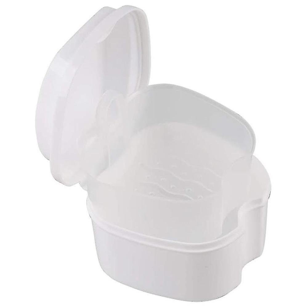 White Denture Case, Denture Cup With Strainer, Denture Bath Box Teeth Storage Box With Basket Net C