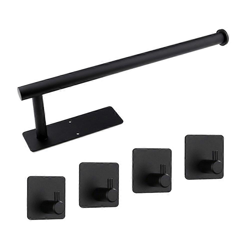 Wall Mounted Paper Towel Holder with 4 Hooks, Black Free Punch Roll Paper Holder, Suitable for Bath
