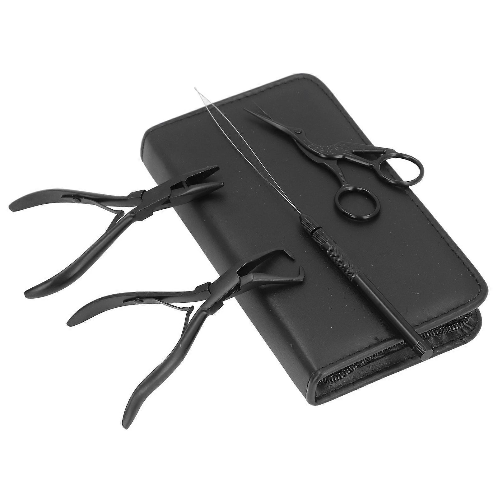 4pcs Hair Extension Tools with Pliers Wire Loop Beading Hook Needle Small Scissors Storage Bag Professional Microlink Tool Kit Black
