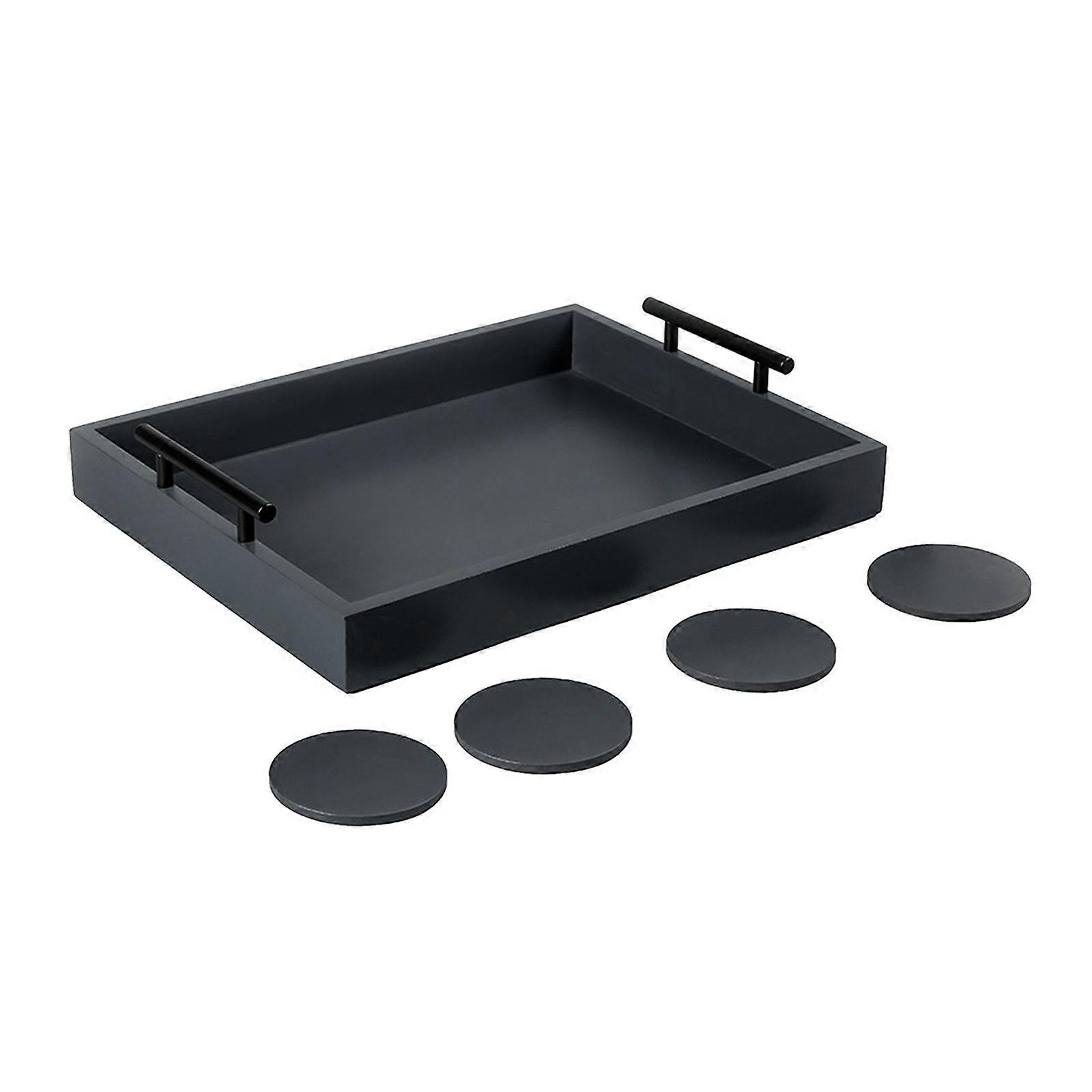 Wooden Rustic Vintage Serving Tray Rectangular with Metal Handles Black