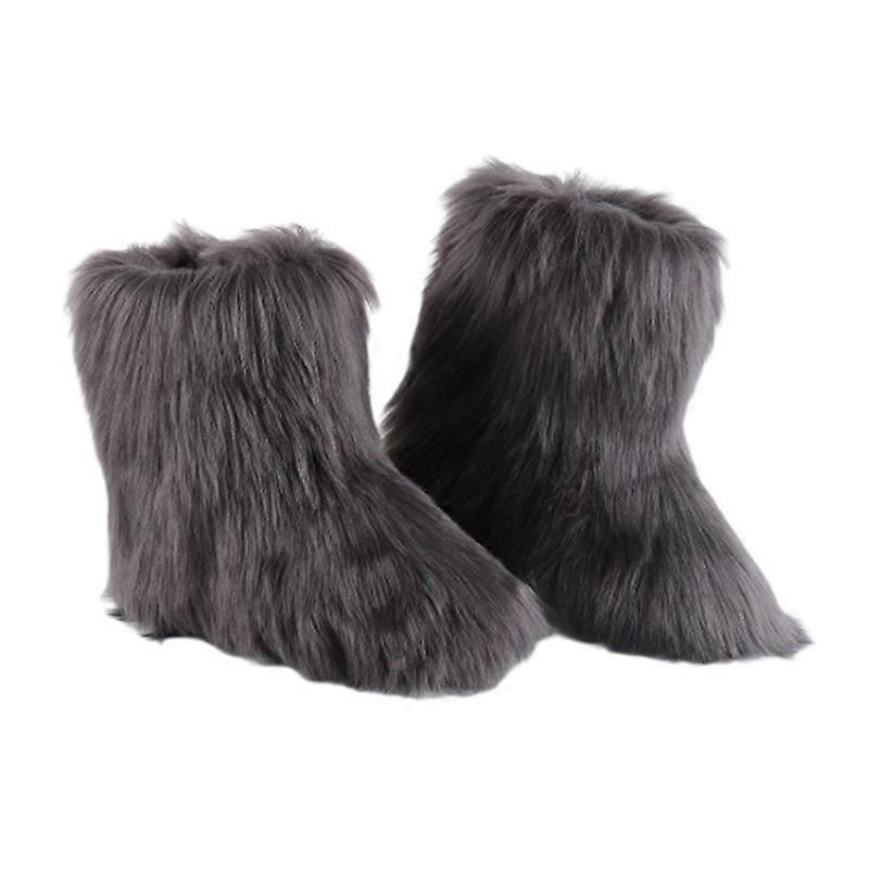 Bottes en fausse fourrure pour femmes, bout rond, en daim, confortables, chaudes, courtes, plates, mi-mollet, pour l'extérieur et l'intérieur