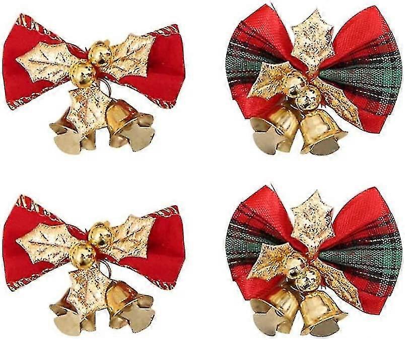 Christmas Mini Bows With Bells Fabric Grid Ornaments (2 Types, Specifications) 4 Pcs  bd