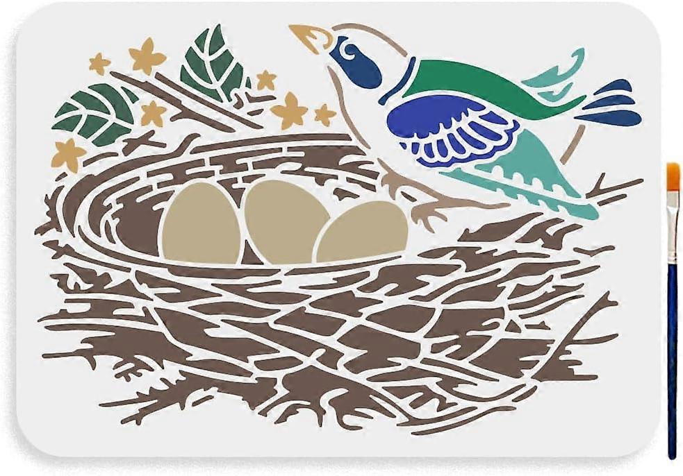 Bird's Nest with Eggs Stencil 11.78.3inch Large Birdhouse Stencil Reusable Bird Nest Wreath Branch Drawing Template with Paint Brush for Art Crafts Ca