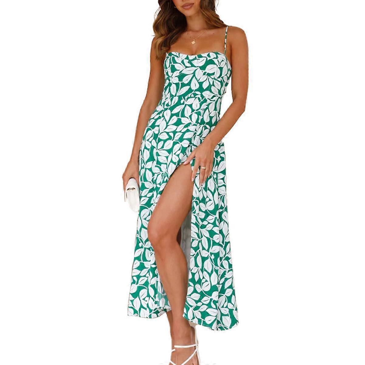 Kvinnors Sommar Split Lår Spaghetti Strap Cami Midi Blommig Klänning