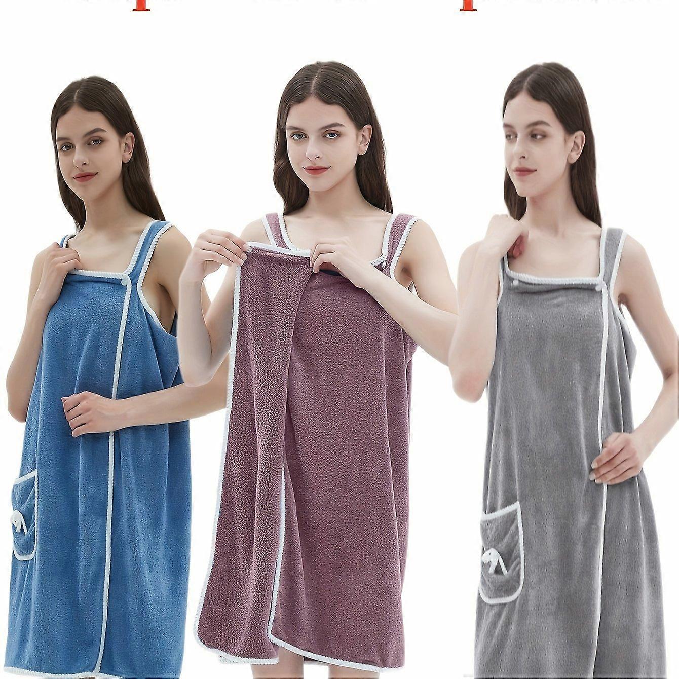 3 Pcs Elegant Wearable Women's Bath Towels With Pocket, Adjustable Shower Bathrobe For Home Use - Soft And Comfortable