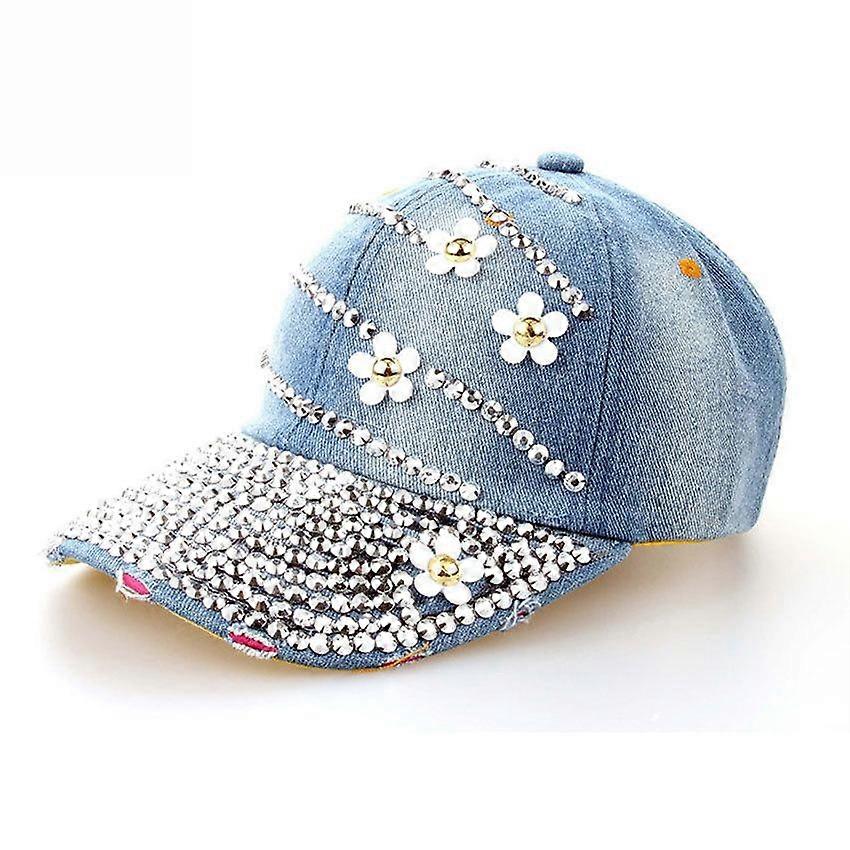 4 Small Flowers Denim Baseball Cap Bling Rhinestone Snapback Hat Gorra