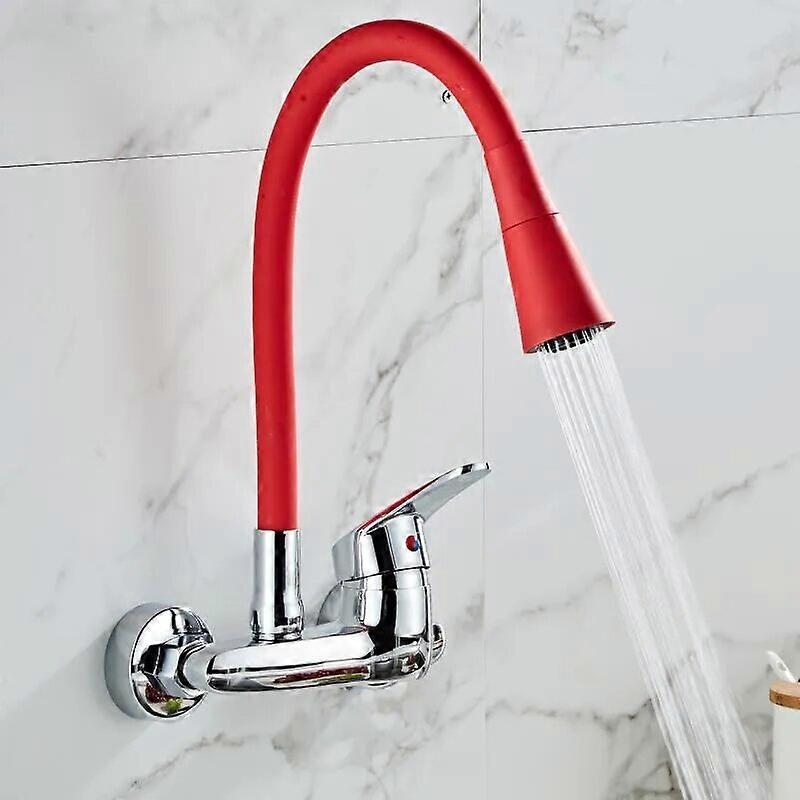 BAKALA RED color Wall Mounted Kitchen Faucet Wall Kitchen Mixers Kitchen Sink Tap 360 Degree Swivel Flexible Hose Double Holes