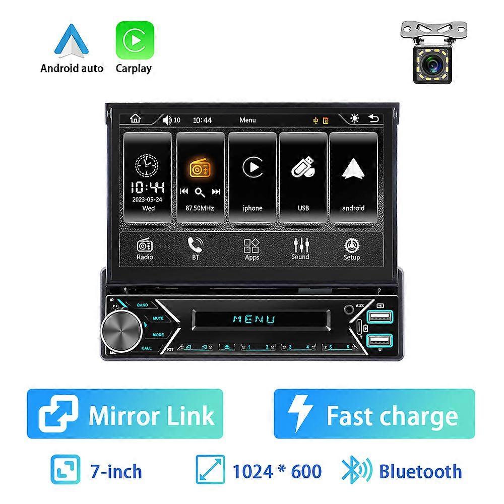 Podofo 1 Din CarPlay Radio mobil, pemutar Multimedia layar dapat ditarik otomatis, Radio mobil 7 inci Stereo MP5 Player Bluetooth