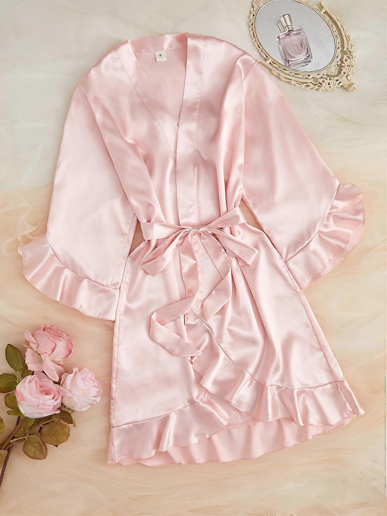 New style Ruffle Solid Satin Night Robe, Elegant Long Sleeve V Neck Robe With Belt, Women's Sleepwear